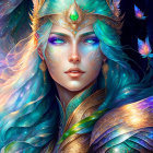 Fantasy illustration of woman with blue hair, golden crown, armor, and floating leaves
