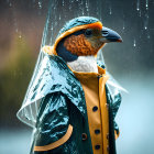 Bird with human body in yellow raincoat standing in rain