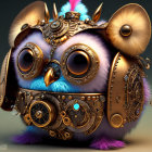 Whimsical 3D steampunk owl illustration with large expressive eyes