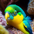 Colorful Parrotfish Close-Up Among Coral with Detailed Scales