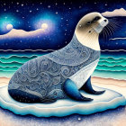 Stylized seal with intricate patterns on ice floe under starry night sky