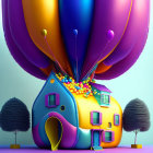 Colorful whimsical house lifted by giant balloons in gradient sky