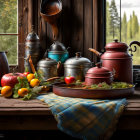 Vintage Cookware and Fresh Vegetables in Rustic Kitchen Setting