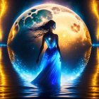 Silhouette of woman in blue dress under moonlit sky