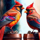 Colorful Northern Cardinals Perched on Wooden Posts