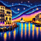 Nighttime Venice painting with stars, glowing lights, and gondolas.