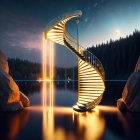 Spiral staircase descends over serene lake in moonlit forest