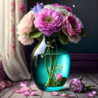 Pink and White Flowers Bouquet in Turquoise Vase by Draped Window