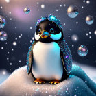 Cartoon penguin with floral headband in snowy twilight scene