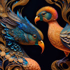 Vibrant bird illustrations with intricate designs on dark background