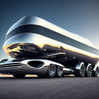 Sleek futuristic vehicle with multiple wheels in desert setting