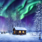 Snowy forest log cabin under mesmerizing aurora borealis