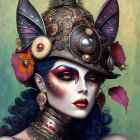 Blue-skinned woman in steampunk hat with intricate makeup and vibrant flowers