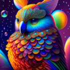 Colorful Owl Illustration with Jewel Tones and Intricate Patterns