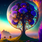 Fantastical tree with luminescent flowers under large moon in surreal landscape