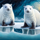 Stylized seals with human-like faces on ice floes under starry night sky