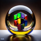 Rubik's Cube in Transparent Sphere with Vibrant Reflections and Colored Bands