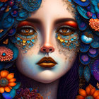 Close-up digital art portrait of woman with floral patterns and jewelry, merging with vibrant blue and orange flowers