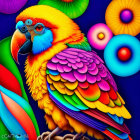 Colorful Macaw Illustration with Neon Hues and Whimsical Flowers