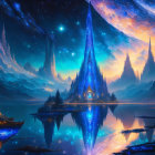 Luminous Blue Castle in Fantastical Nocturnal Landscape