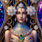 Ethereal woman with pearl and gold jewelry on multicolored backdrop