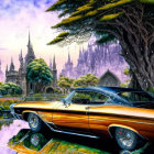 Orange Car Parked by Reflective Lake with Purple Castles and Pink Sky