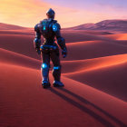 Futuristic robot with blue lights in barren desert landscape at twilight