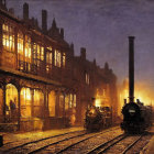 Vintage steam train on foggy illuminated tracks next to glowing industrial building