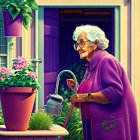 Elderly woman in purple cardigan watering pink flowers