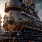 Detailed Steampunk-Style Locomotive on Tracks at Dusk