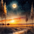 Surreal landscape with bare trees, glowing orbs, and star-filled sky