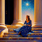 Woman in star-patterned dress under night sky with bright star and classical columns.