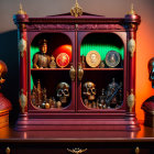 Gothic-style cabinet with armored bust, skulls, roses, and chess pieces