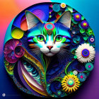 Colorful Circular Artwork: Stylized Cat Surrounded by Floral Patterns