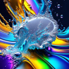 Colorful Abstract Water Splash Art with Reflective Surfaces and Swirling Patterns