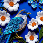 Stylized blue bird with intricate patterns among white and orange flowers on vibrant blue.