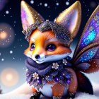 Fox with butterfly wings in snowy landscape with flowers and jewels