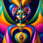 Vibrant digital artwork of stylized woman with blue skin and ornate headgear