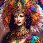 Illustrated Woman in Colorful Feather Headdress and Golden Jewelry