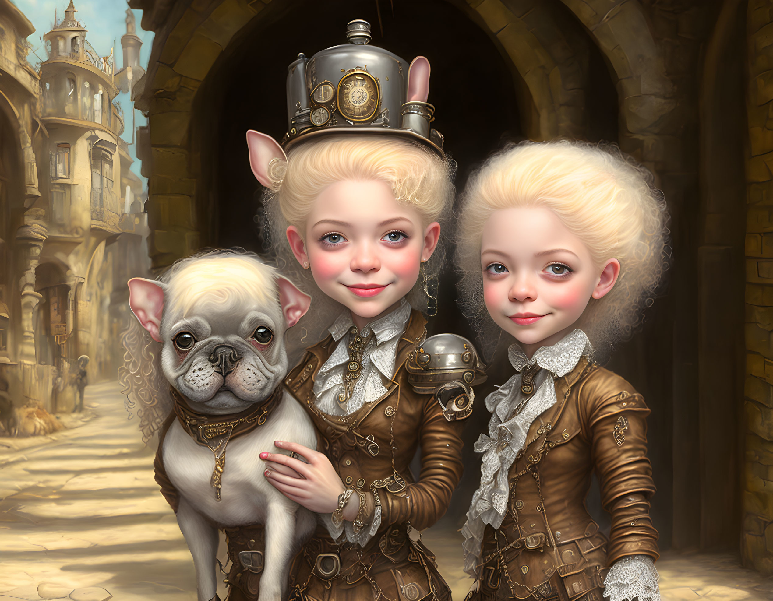 Baroque twin girls in steampunk attire with bulldog in vintage scene