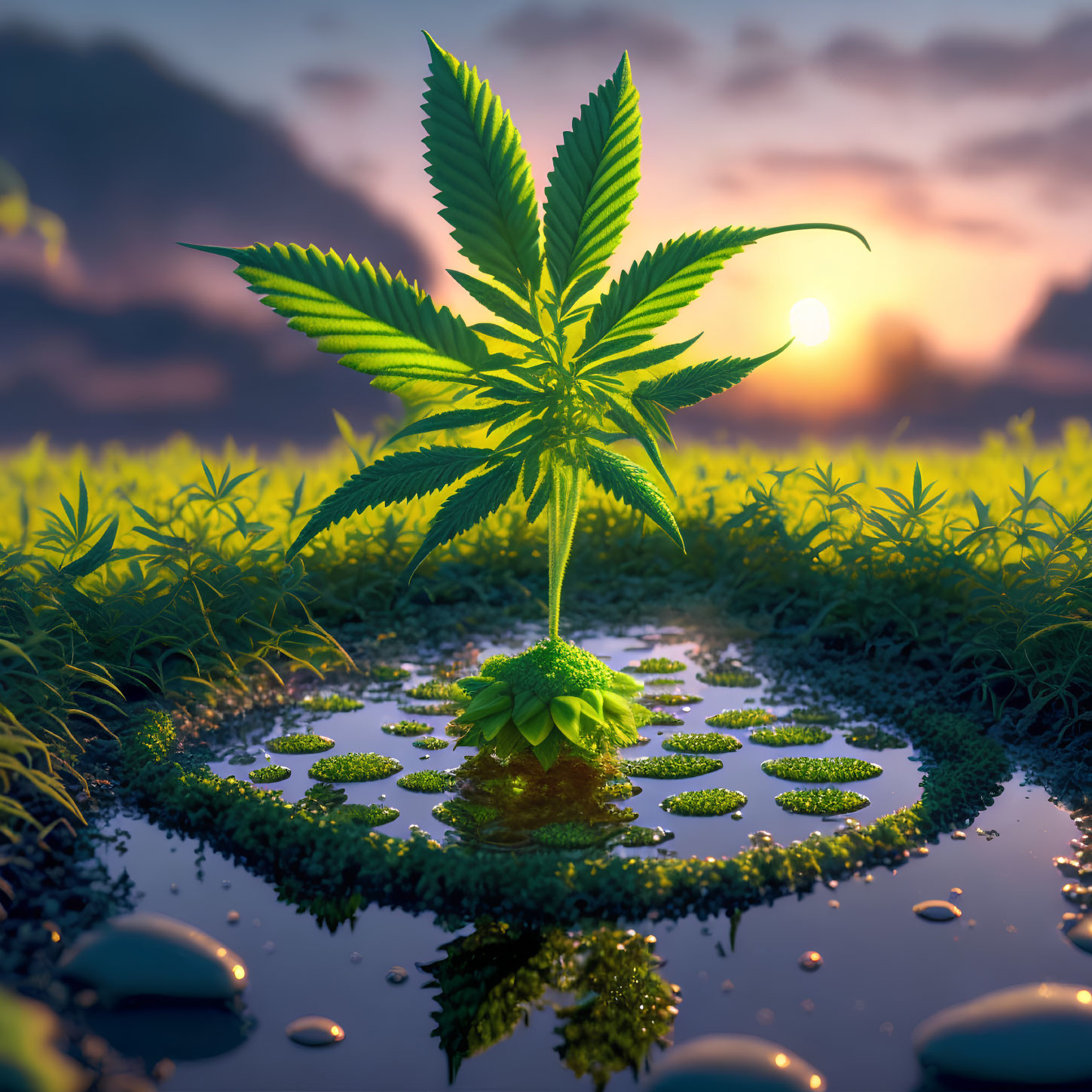 Serene cannabis plant with water droplets against sunset backdrop