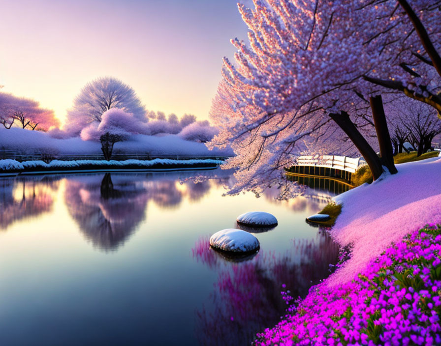 Tranquil landscape with cherry blossoms, river, flowers, and snow-covered trees