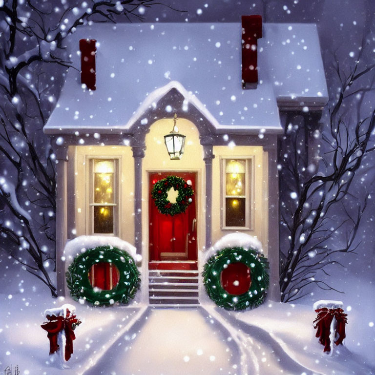 Snowy evening scene of a cozy house with Christmas decorations