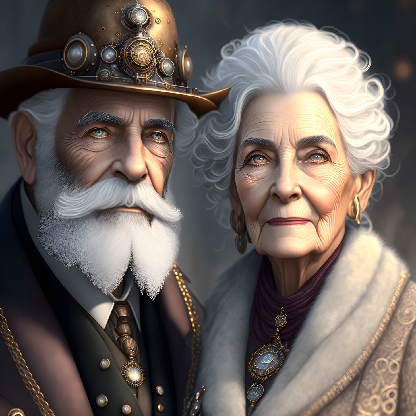 Elderly Couple in Steampunk Attire with Geared Top Hat and Elegant Jewelry