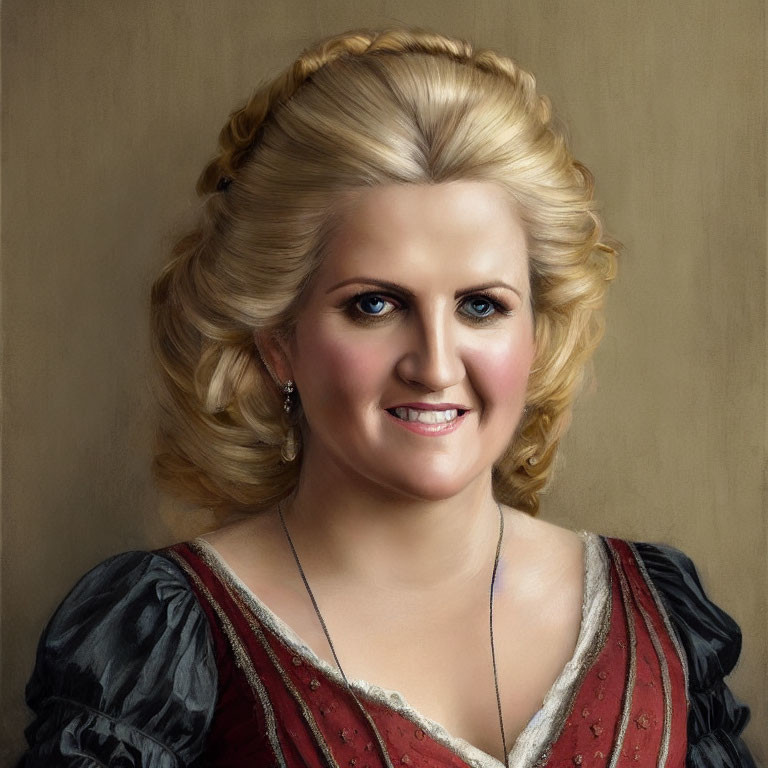 Portrait of a Smiling Woman with Blonde Updo and Traditional Dress