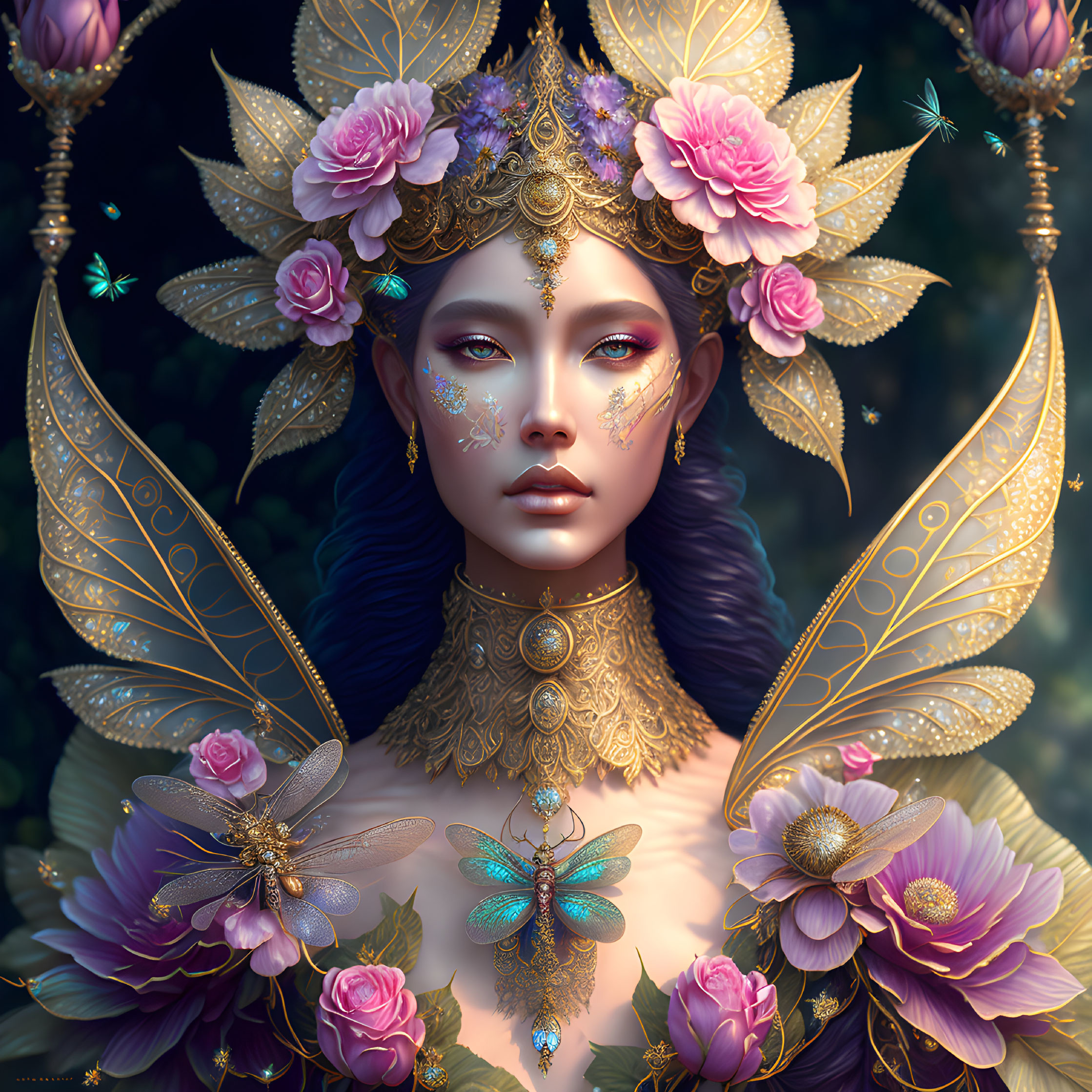 Purple-skinned fantastical figure with golden floral headdress and butterfly motifs in mystical setting.