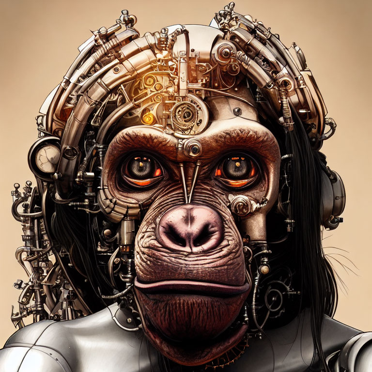 Cyborg Ape Digital Artwork with Mechanical Parts on Tan Background