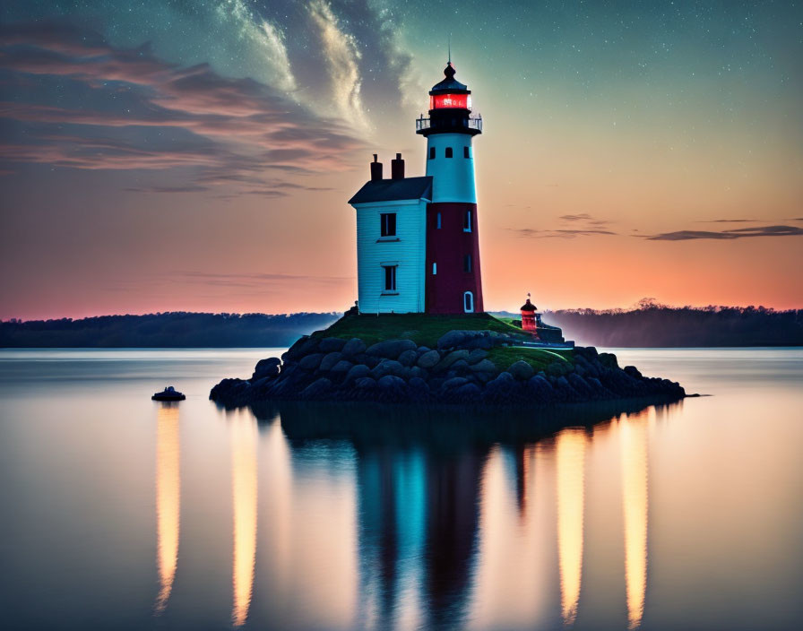 Scenic lighthouse on small island under twilight sky