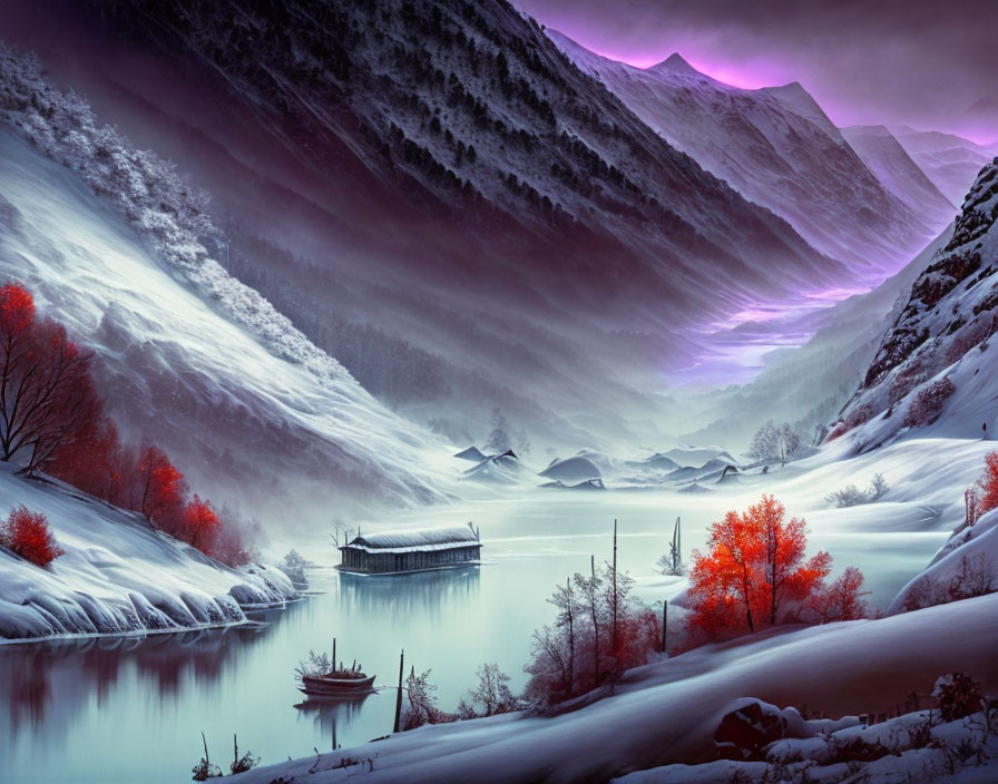 Surreal winter landscape: red trees, sunken boat, tranquil river, snow-covered hills