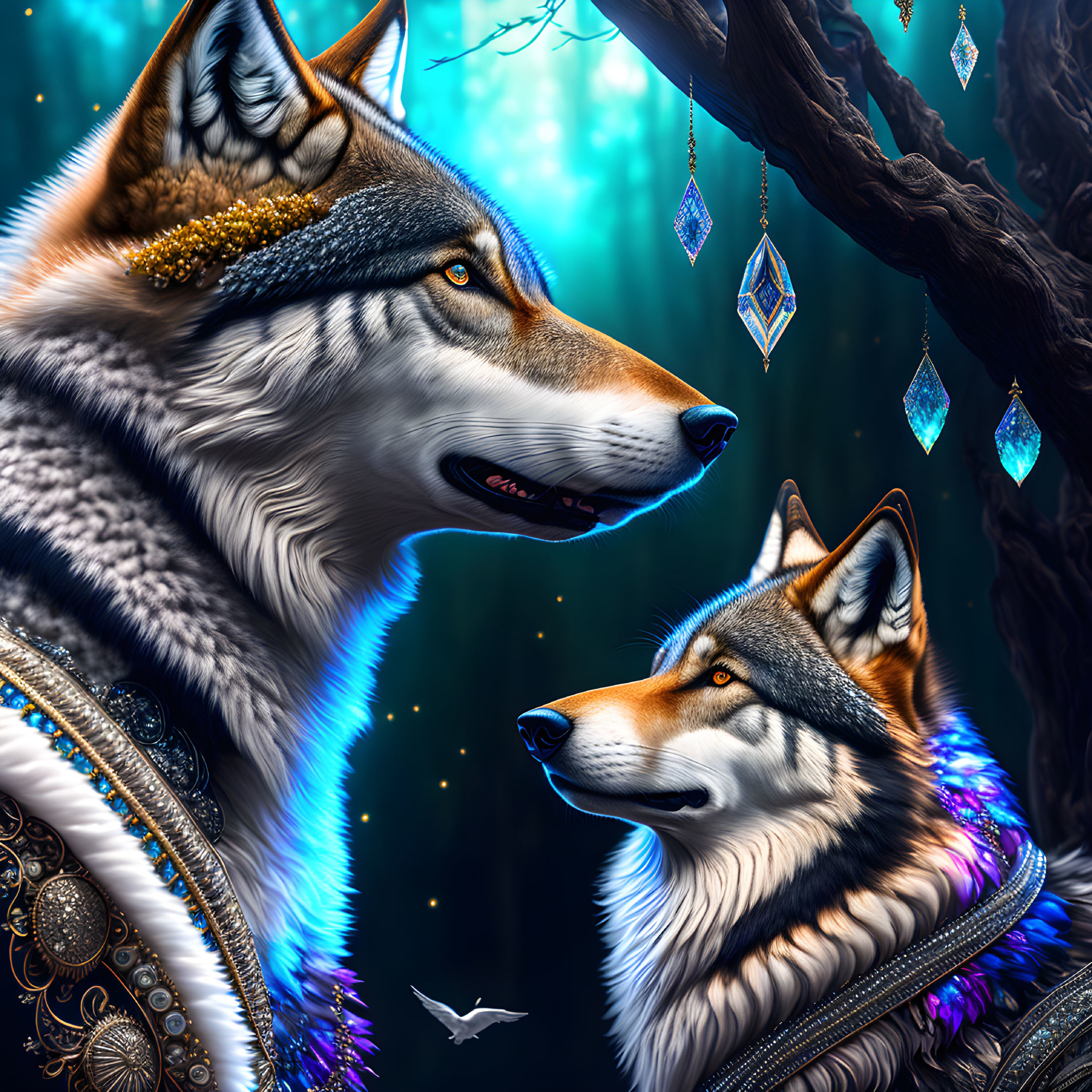 Stylized wolves with decorative adornments in mystical forest